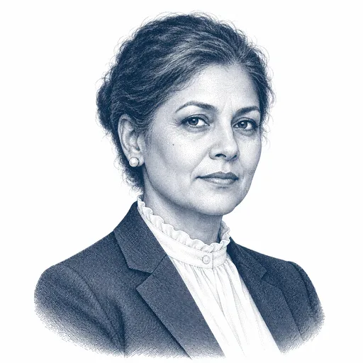 A South Asian woman around fifty with dark hair in a severe bun, a composed and impassive expression and a high-collared blouse.