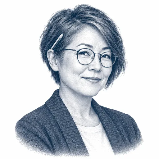 An East Asian woman in her mid-forties with a short asymmetric bob, round glasses, a pencil behind one ear and an amused look, wearing a cardigan.
