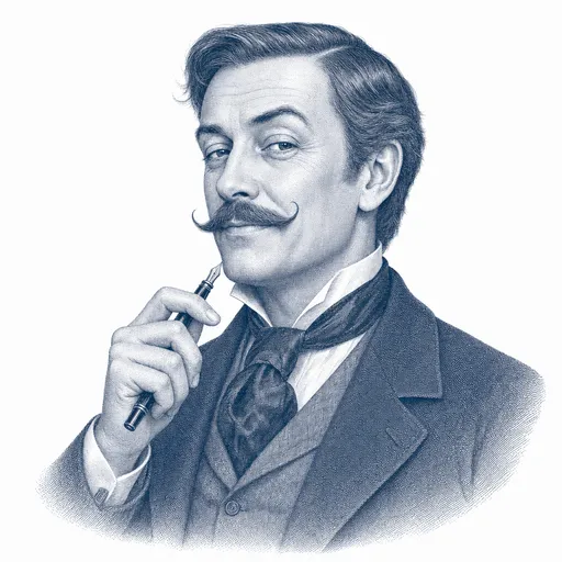 Claude de Sequitur, an engraved gentleman with a curled moustache and a fountain pen