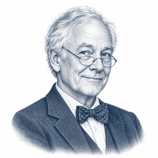 A man of about seventy with thinning white hair, half-moon glasses, a bow tie and a dry, wry smile.
