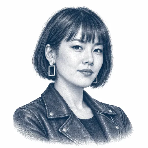 An East Asian woman in her early thirties with a sleek bob and a straight fringe, bold geometric earrings and a confident, challenging gaze, wearing a leather jacket.