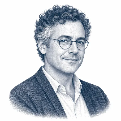 A man in his mid-forties with curly dark hair going grey at the temples, round wire glasses and a barely suppressed smile, wearing a cardigan over a collared shirt.
