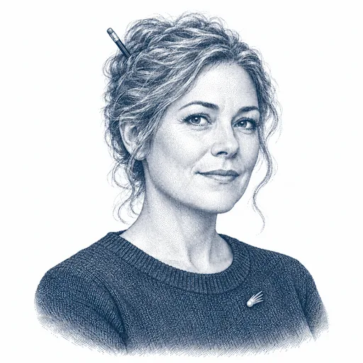 A woman around forty with hair in a loose bun held by a pencil, a calm and patient expression and a small comet-shaped pin on a simple knit sweater.