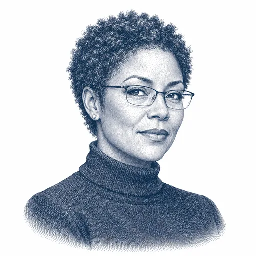 A Black woman in her late thirties with short natural hair, thin-rimmed rectangular glasses and a sharp, appraising look, wearing a plain turtleneck.