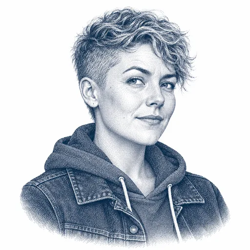 A person in their late twenties with an undercut, a curious raised eyebrow and a slight sideways smile, wearing a hoodie under a denim jacket.