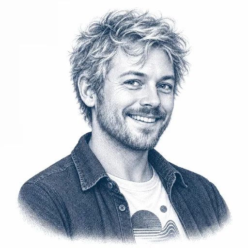 A man around thirty with shaggy fair hair, a short beard and an enthusiastic grin, wearing an overshirt over a band t-shirt.