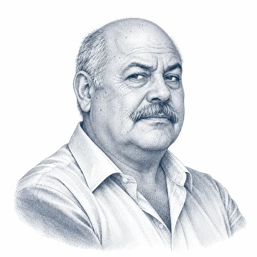 A heavy-set man of about sixty with a broad, weathered face, a bald head with a fringe of close-cut grey hair, a thick grey moustache, deep-set eyes and a sceptical look, in an open-collared shirt with the sleeves rolled up.